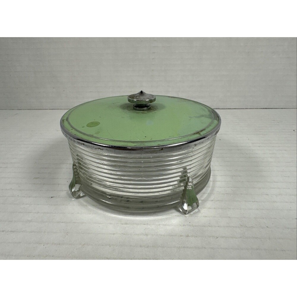 Art Deco Glass Ribbed Powder Trinket Box Green Metal Lid Footed Swirl Design